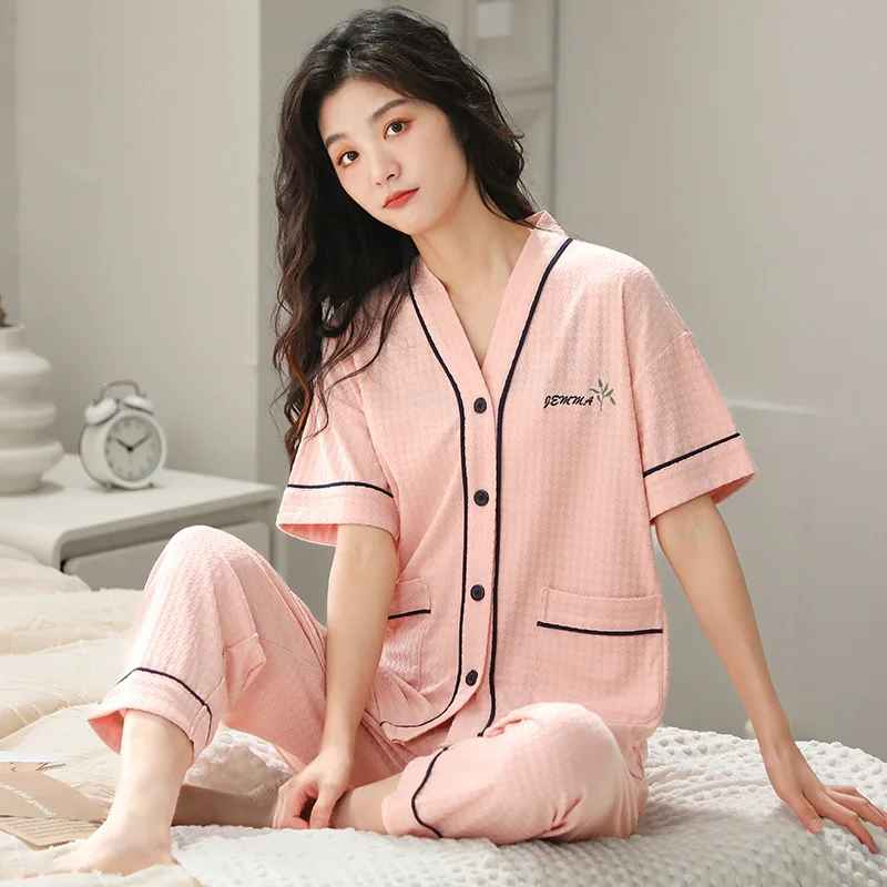 2023new Summer Pajamas for Women's Thin Pure Cotton Cardigan Short-sleeved Nine-point Pants Casual Home Service Suit with V-neck