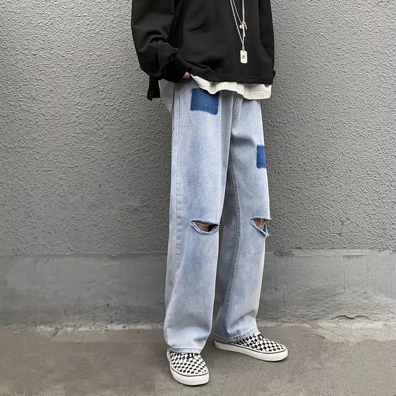 2022 New Fashion Hole Ripped Straight Men Hip Hop Baggy Jeans Trousers Patchwork Retro Washed Loose Denim Pants Pantalon Homme