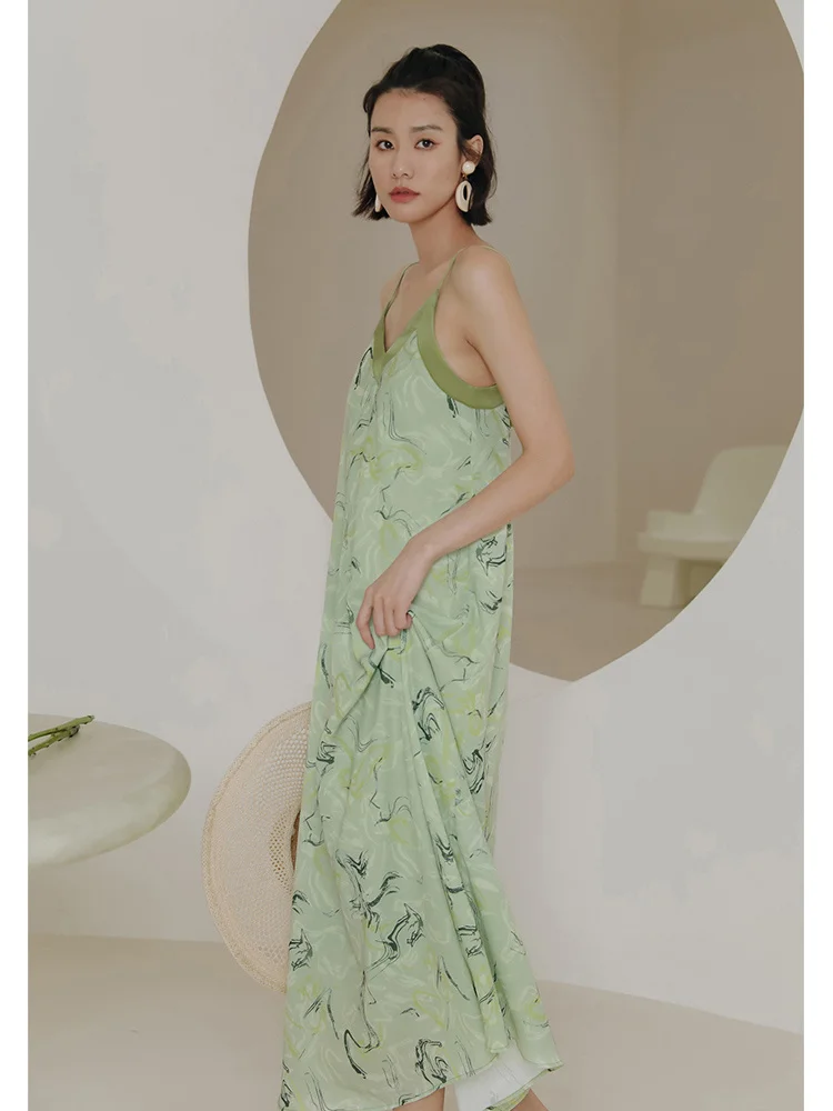 Chinese Style Water Ink Dress for Female Summer V-neck Green Floral Slip Dress