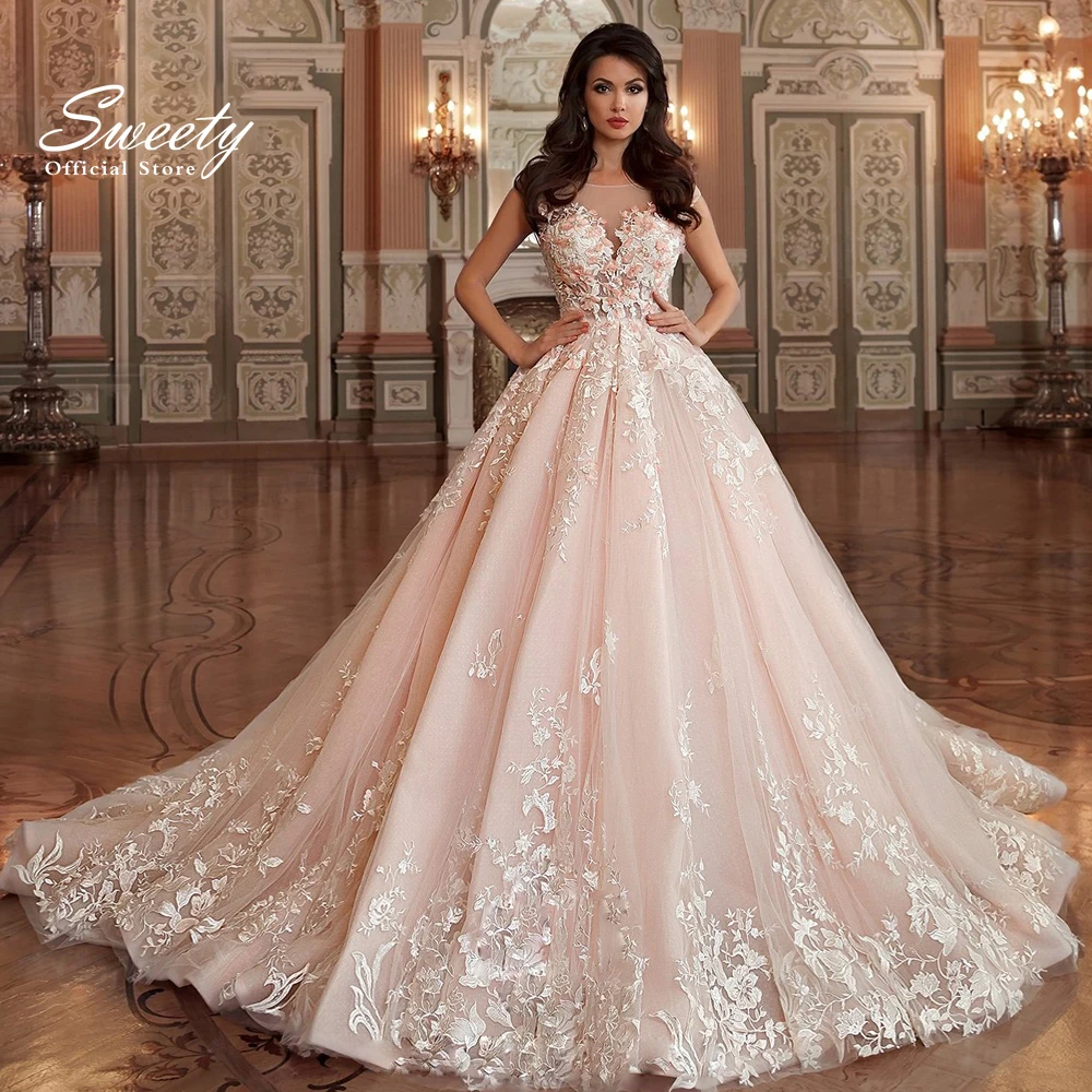 

Luxury Wedding Dress Embroidered Lace Boat Neck Ball Gowns Sleevelesswith Appliques Sashes Vestido De Noiva Plus Size Button