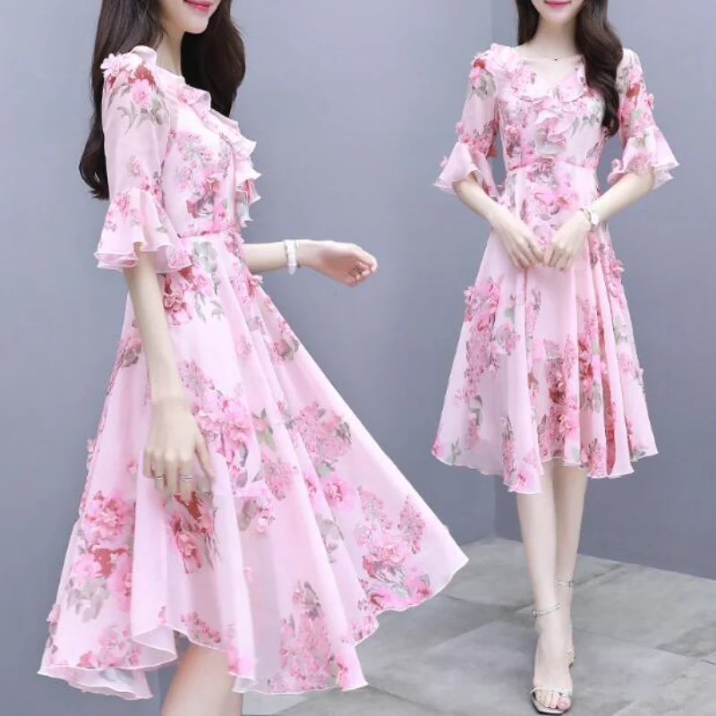 

New Bohemia Women Dress Elegant Floral Print Ruffles Summer Dress Ladies Casual V-neck Split Mini Dress Vintage Party Dress 2023