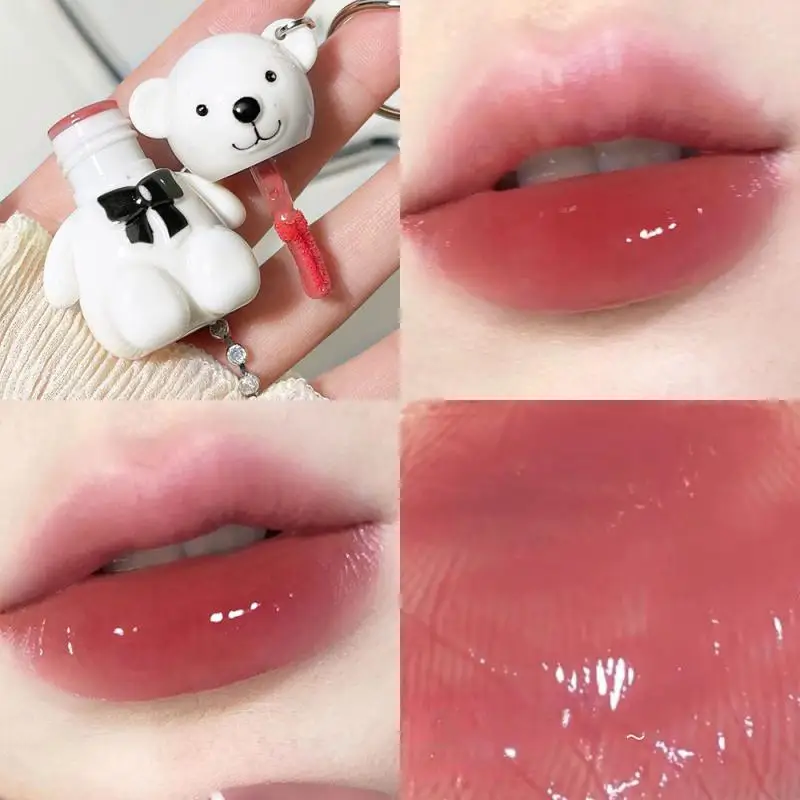 

Water Light Stain Lip Gloss Mirror Glass Lipstick Cute Bear Keychain Lip Glazes Long-lasting Waterproof Matte Lip Tint Cosmetics