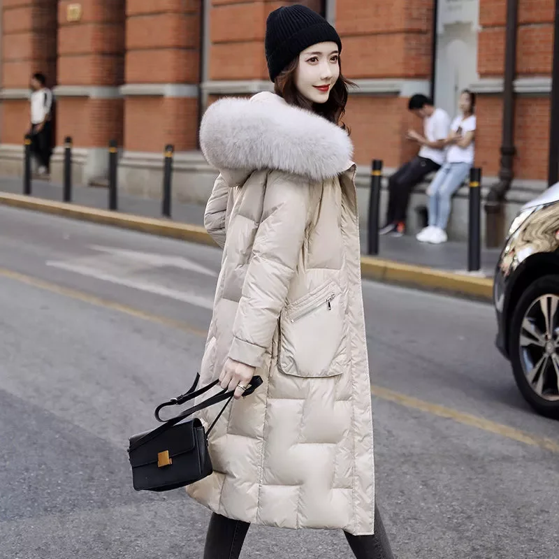 

2022NEW Quality Women 90% White Duck Down Jackets 2021 White Slim Long Female Down Coats Big Fur Collar Hooded Warm Thicken Park