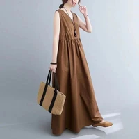 summer loose dress woman sleeveless pleated casual dresses women korean v neck a line solid high waist lady dress vestido
