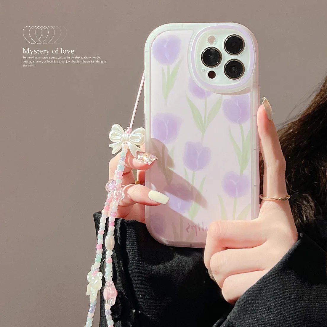 

Tender Girl Purple Tulip Colorful Beads Bow Lanyard Phone Case For Iphone 14 11 12 13 Pro Max Mini Xs Max XR Protection Cover