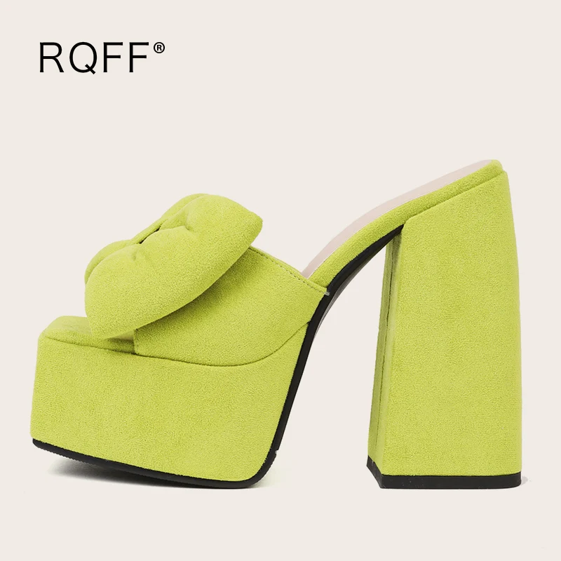 

Plus Size 43 Outside Slippers Women Summer New Fashion Open Toe Butterfly Knot Mules Sandals Platform Block Heel Green Shoes