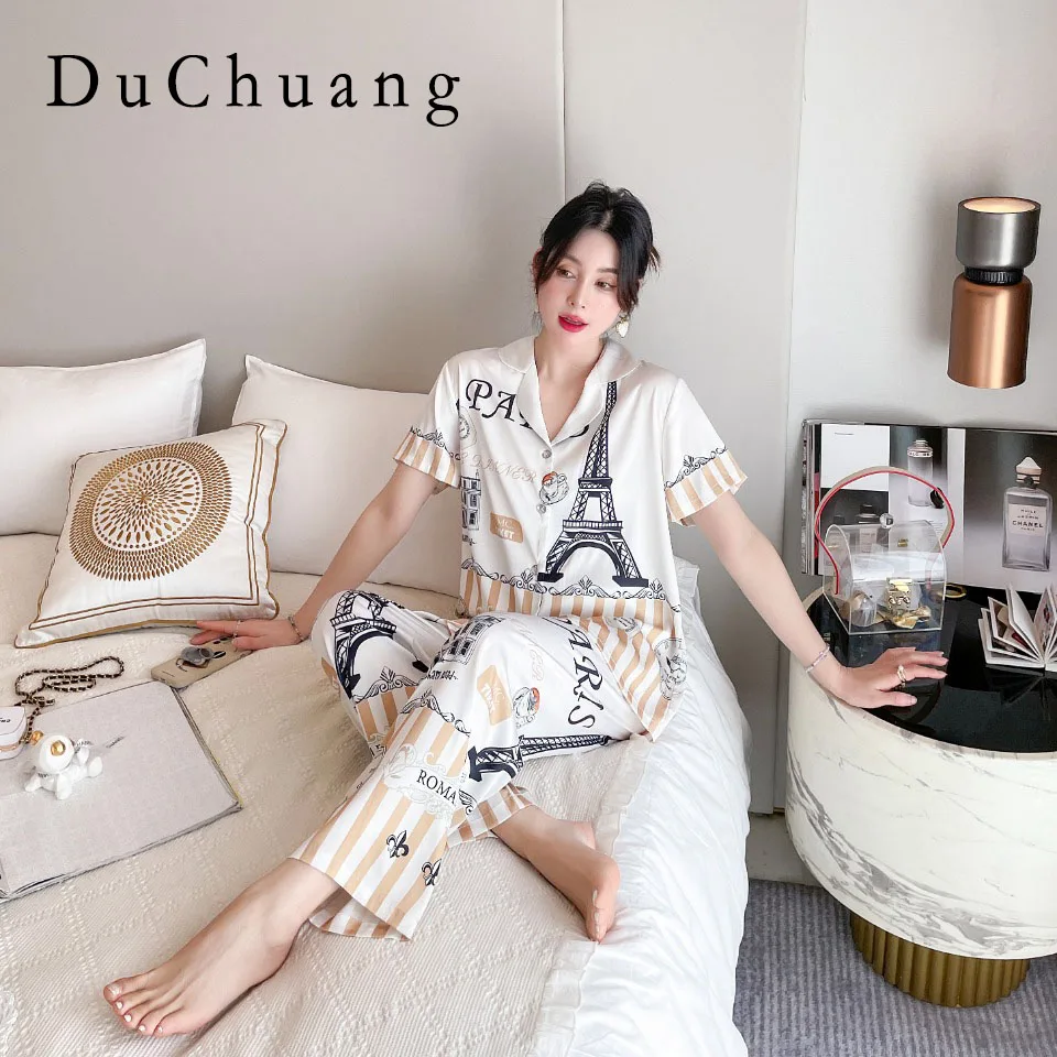 

[Women's pajamas] [high-quality]Summer New Cartoon Pajamas Women's INS Ice Home Fur Short Sleeve Long Pants Set Net Red Style