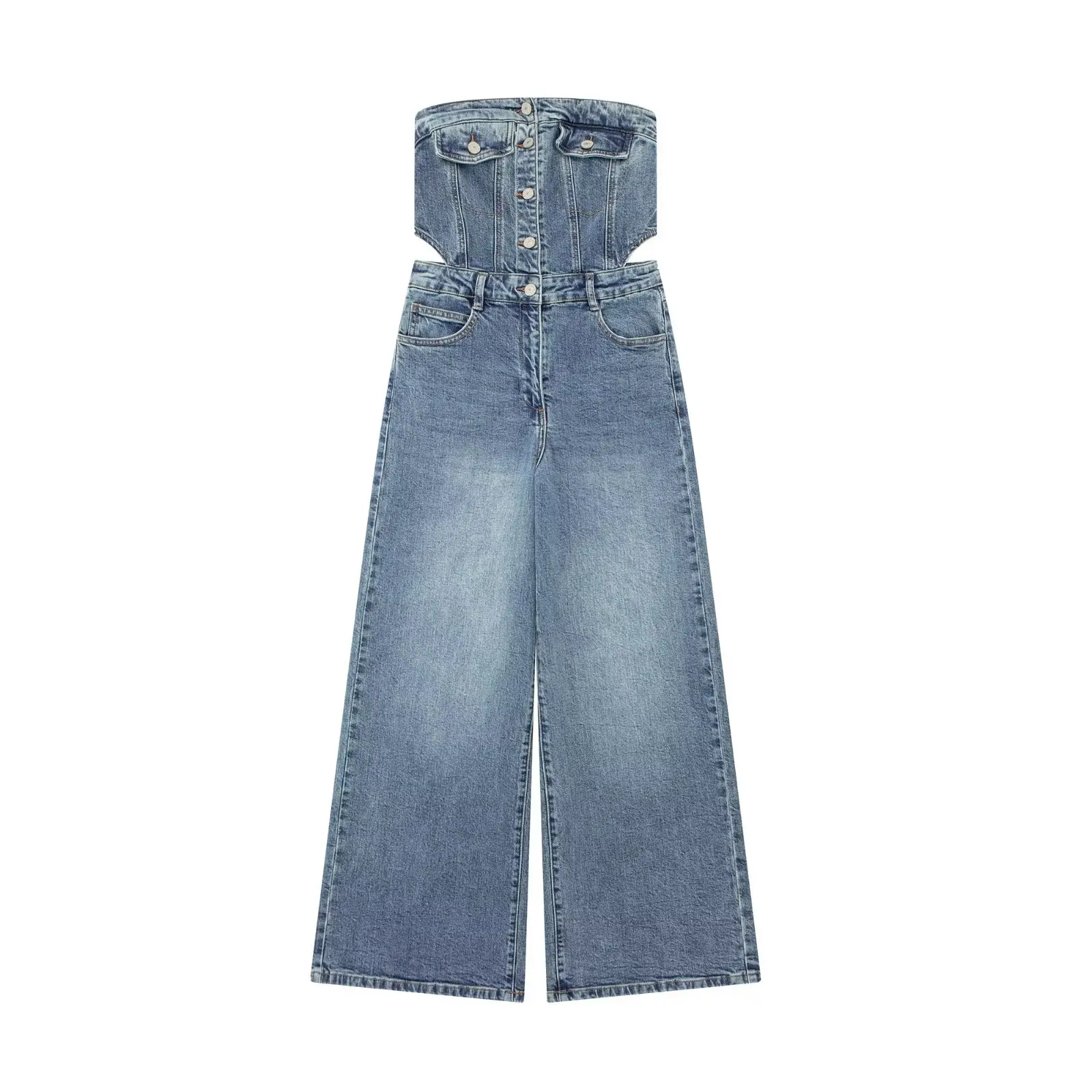 

Women 2023 New Chic Fashion Summer Vintage Blue Sexy Backless Hollow-out Strapless Tube Top Jean Jumpsuits Female