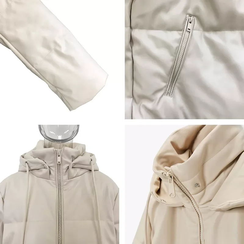 2022New Loose Hooded Parkas Women Fashion Beige PU Leather Coats Women Side Zipper Split Long Cotton Jackets Ladies