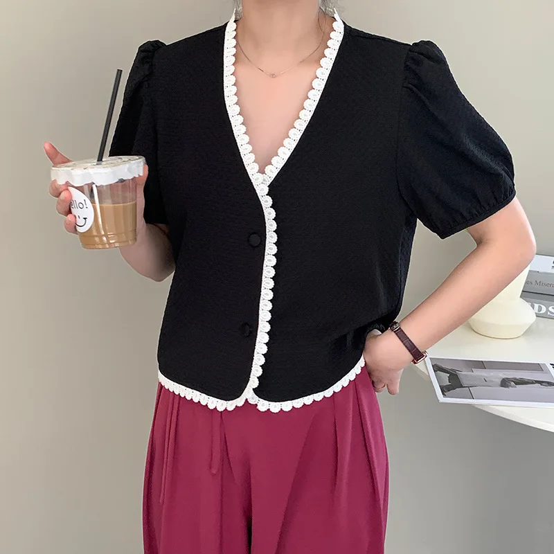 

Summer Button Up Shirt Sweet Elegant Plain V-neck Short Shirts Women Short Sleeve Ladies Casual Blouses Chic Korean 2 Colors