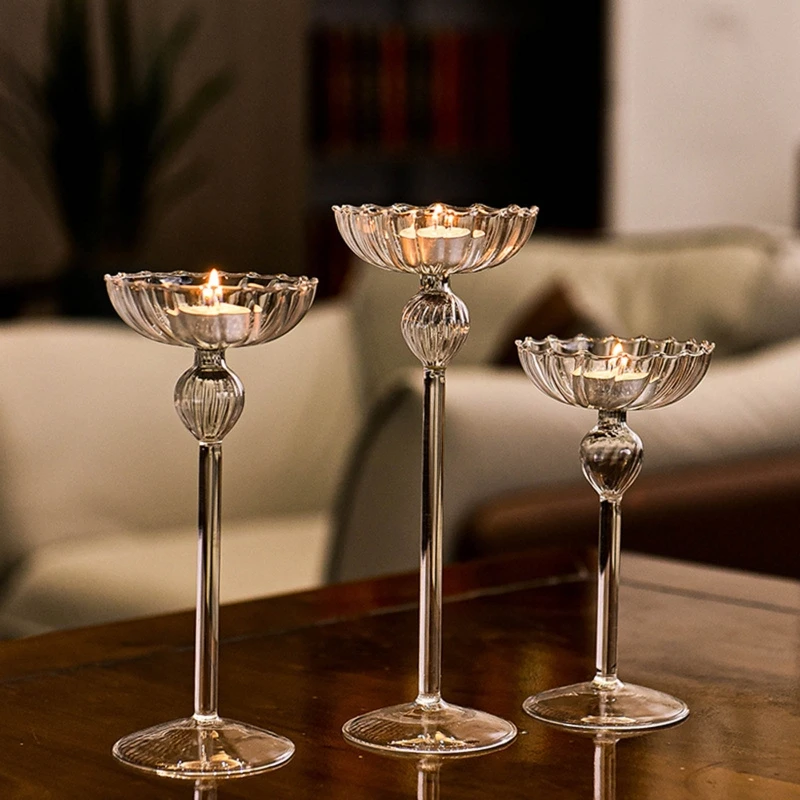 

Glass Tall Feet Candlestick Craft Candle Holder Stand Home Decoration for Living Room Bedroom Office Tabletop