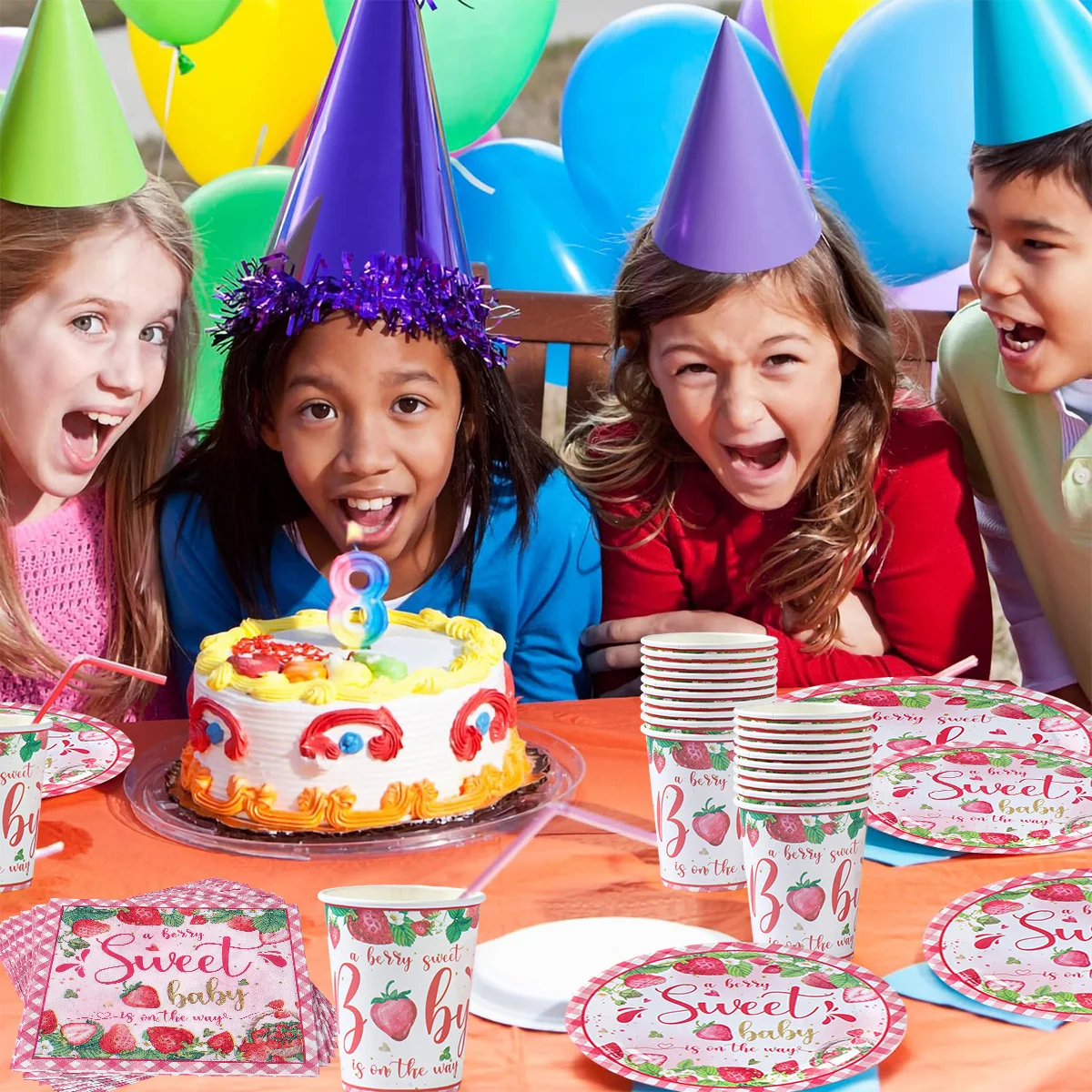 Одноразовая посуда с розовыми фруктами и клубникой 8 гостей