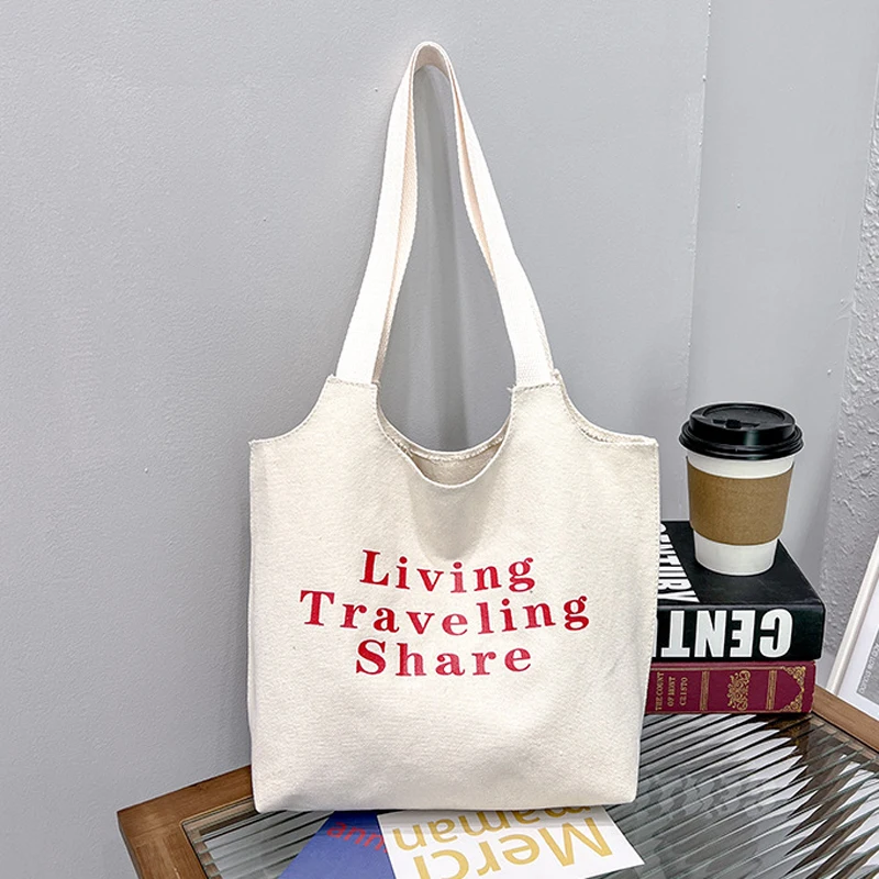 

Women Canvas Shoulder Bag Letters Print Ladies Casual Handbag Tote Bag Reusable Cotton Shopping Beach Bag Fashion Shopper