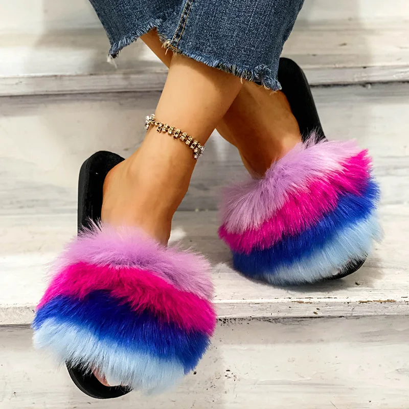 Autumn-Winter 2022 New Plush Women's Slippers Europe And The United States Cotton Rainbow color Fashion Casual Women's Slippers