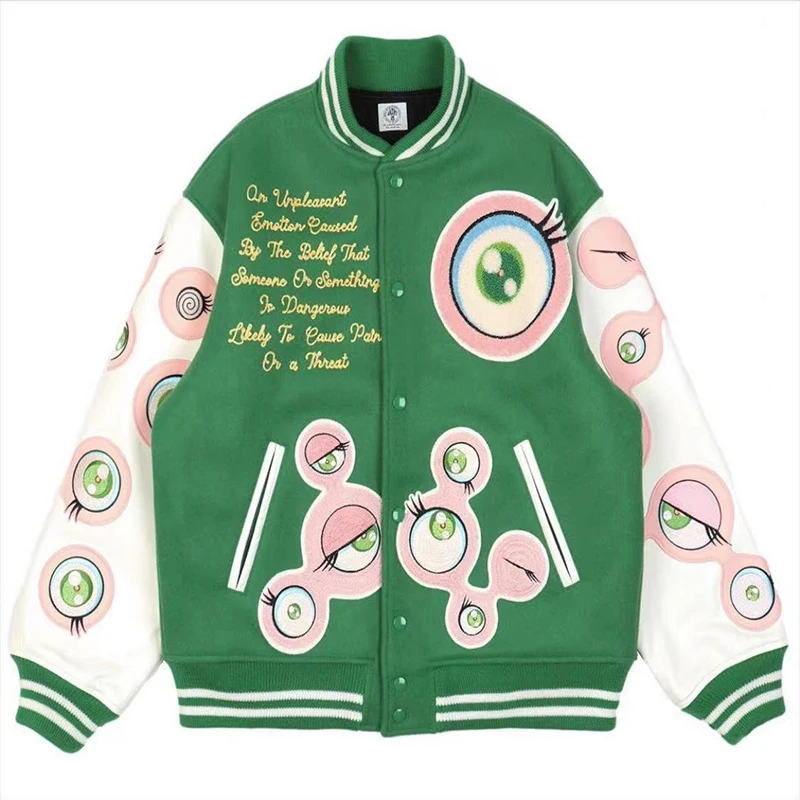 

Harajuku Streetwear God Eyes Embroidered Badge Baseball Jackets Mens Autumn and Winter Stand Patchwork Casual Woolen Coat