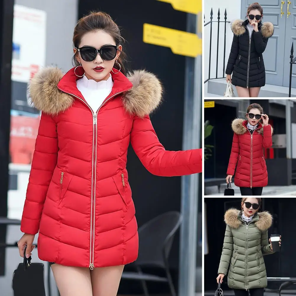 Winter Cotton Coat Solid Color Furry Hat Edge Zipper Mid Length Thicken Cold-proof Padded Long Sleeves Winter Coat for Daily Wea