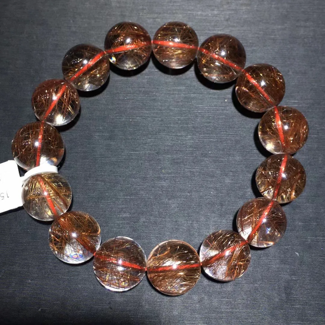 

15mm Natural Red Hair Rutilated Quartz Bracelet Jewelry For Women Lady Men Wealth Luck Gift Crystal Clear Beads Strands AAAAA