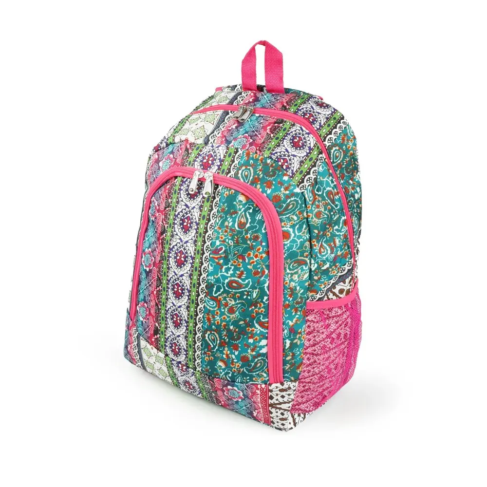Unisex 16.5 Inch Boho Stripe Quilt Patterned Backpack with Mesh Side Pockets