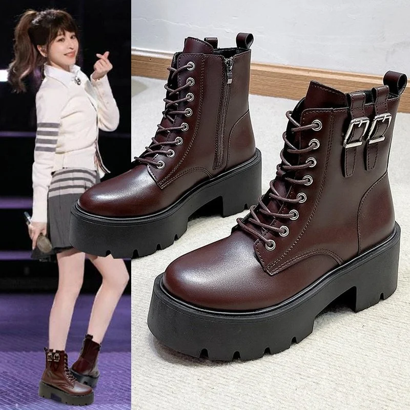 

2022 Green Punk Chunky Platform Motorcycle Boots Women Autumn Winter Gothic Shoes Woman Thick Bottom Lace Up Ankle Botas Mujer