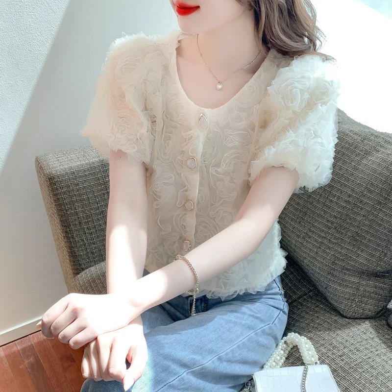

COIGARSAM Shirt Womens Tops Summer 2022 New French Style Vintage Casual Lace O-Neck Women Shirts Dropshipping
