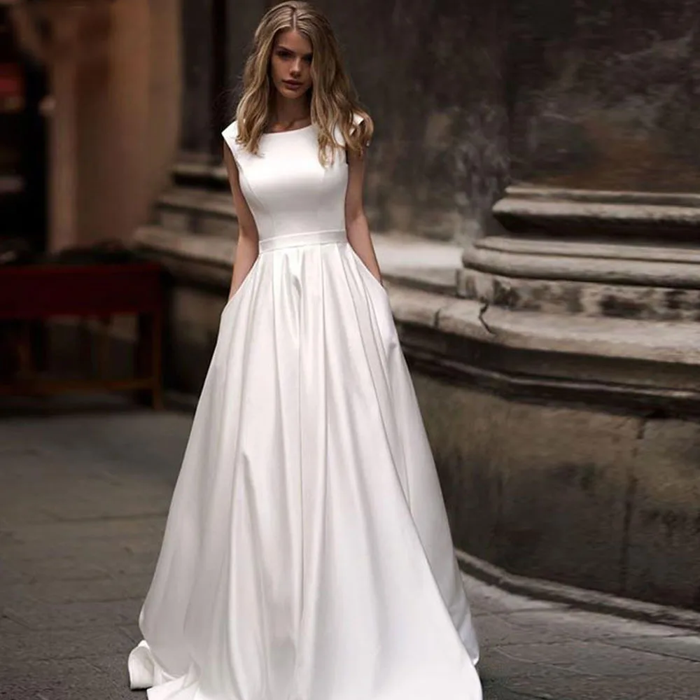

Simple Bridal Dress 2022 O-Neck Sleeveless Backless A-Line Wedding Gowns For Women Satin Floor-Length Sweep Train Robe De Mariee
