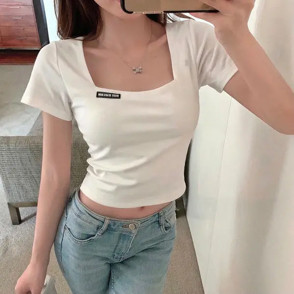 New Square Neck Solid Retro T Shirt Women Summer Short Sleeve Tee Fashion Tank  Tops Casual Crop Top Female T-shirt Cropped Vest - купить по выгодной цене  | AliExpress