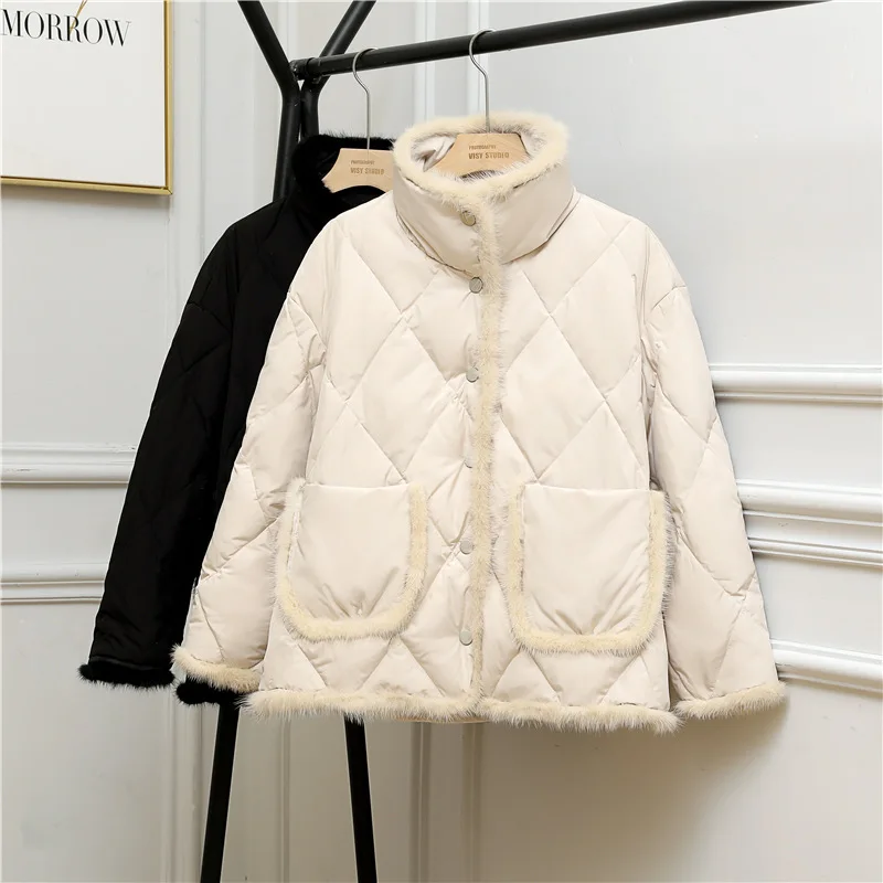 Women Stitched Mink Down Jacket White Duck Down Short French Ladies Thick Coat Fashion Outwear