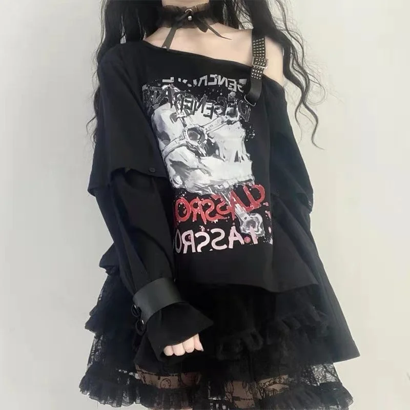 

Fashion new gothic irregular design top babes black skull cross long sleeve t-shirt detachable sleeve t-shirt