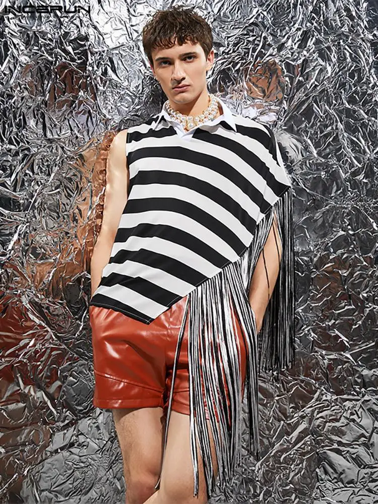 

Модная мужская рубашка INCERUN в полоску, в стиле пэчворк, с лацканами и кисточками, уличная одежда, рубашки без рукавов неправильной формы, Свободные повседневные блузки 2023