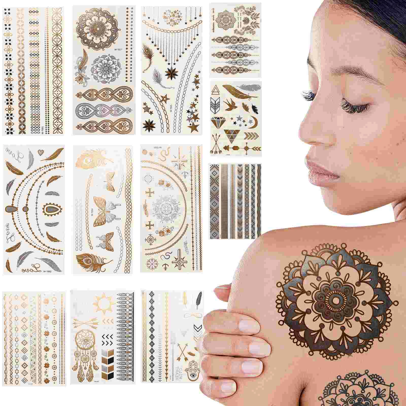

12 листов, бронзовые тату-наклейки, металлические татуировки для тела, женские блестящие временные украшения для лица, золото
