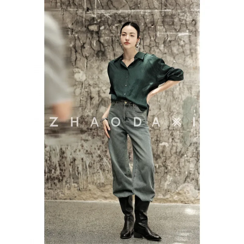 Новинка осени 2024 женская дизайнерская рубашка в зеленую полоску Корейском стиле