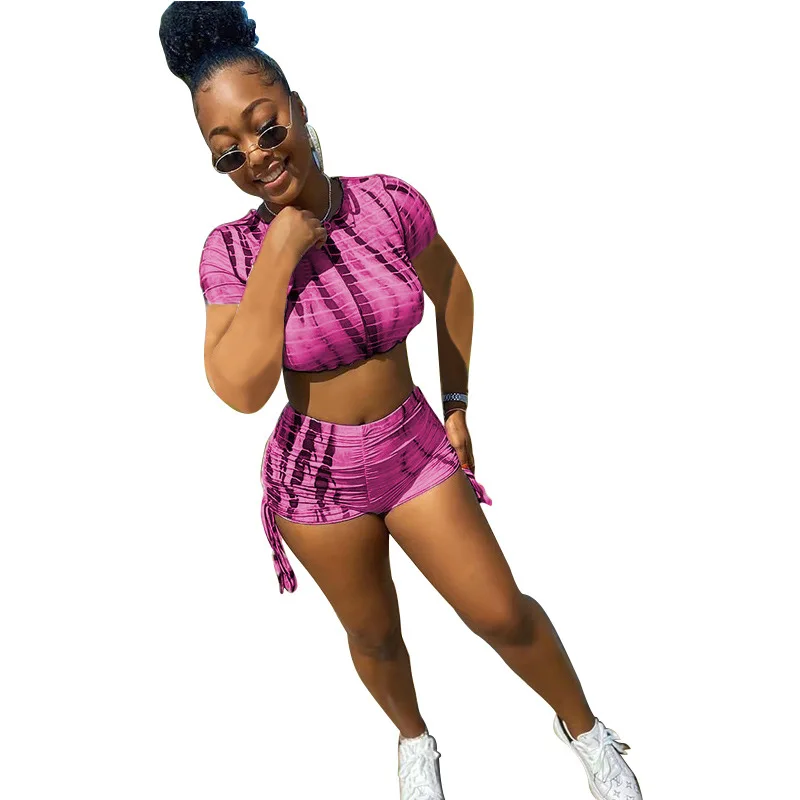 

Tie Dye Digital Print Women Crop Tops Women Tops With Shorts Two Piece Sets