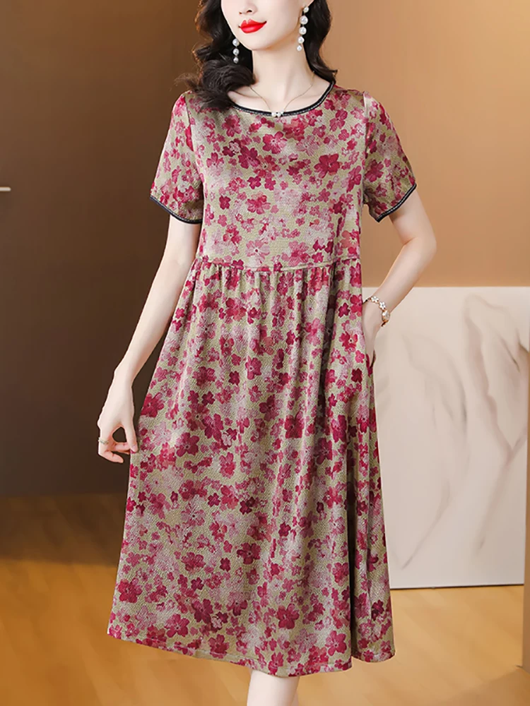 

Женское шелковое платье средней длины, повседневное свободное платье с короткими рукавами и цветочным принтом в Корейском стиле, винтажное шикарное платье для выпускного вечера, лето 2023