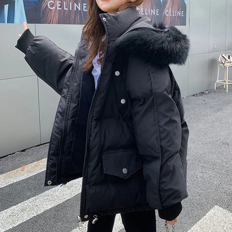 Women Bread Clothing Korean Solid Color Parkas Simple Student Loose Cotton Coats Winter Fur Collar Hooded Thicken Warm Jackets