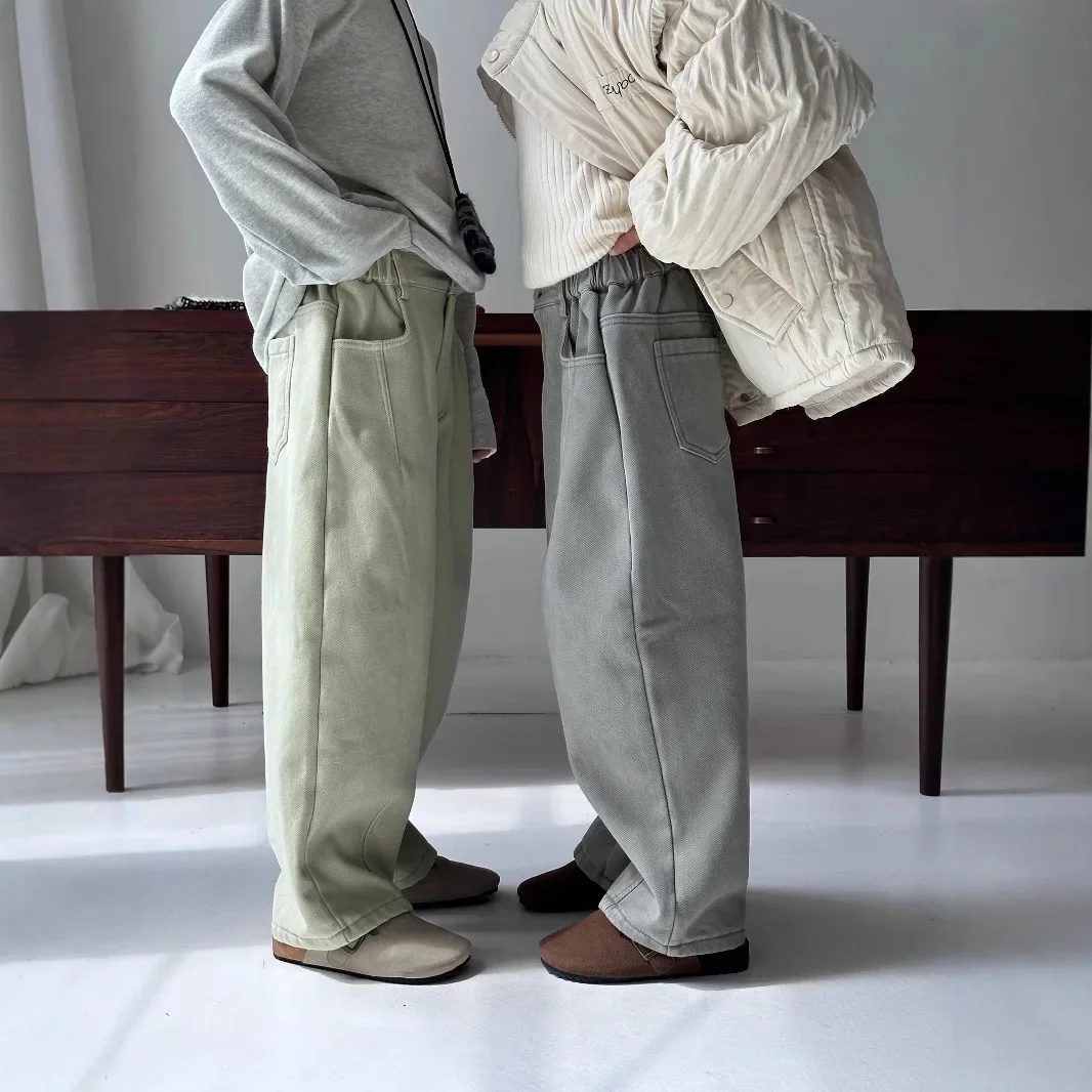 Детские брюки с бархатом новинка 2024 осень-зима мешковатые простой стиль