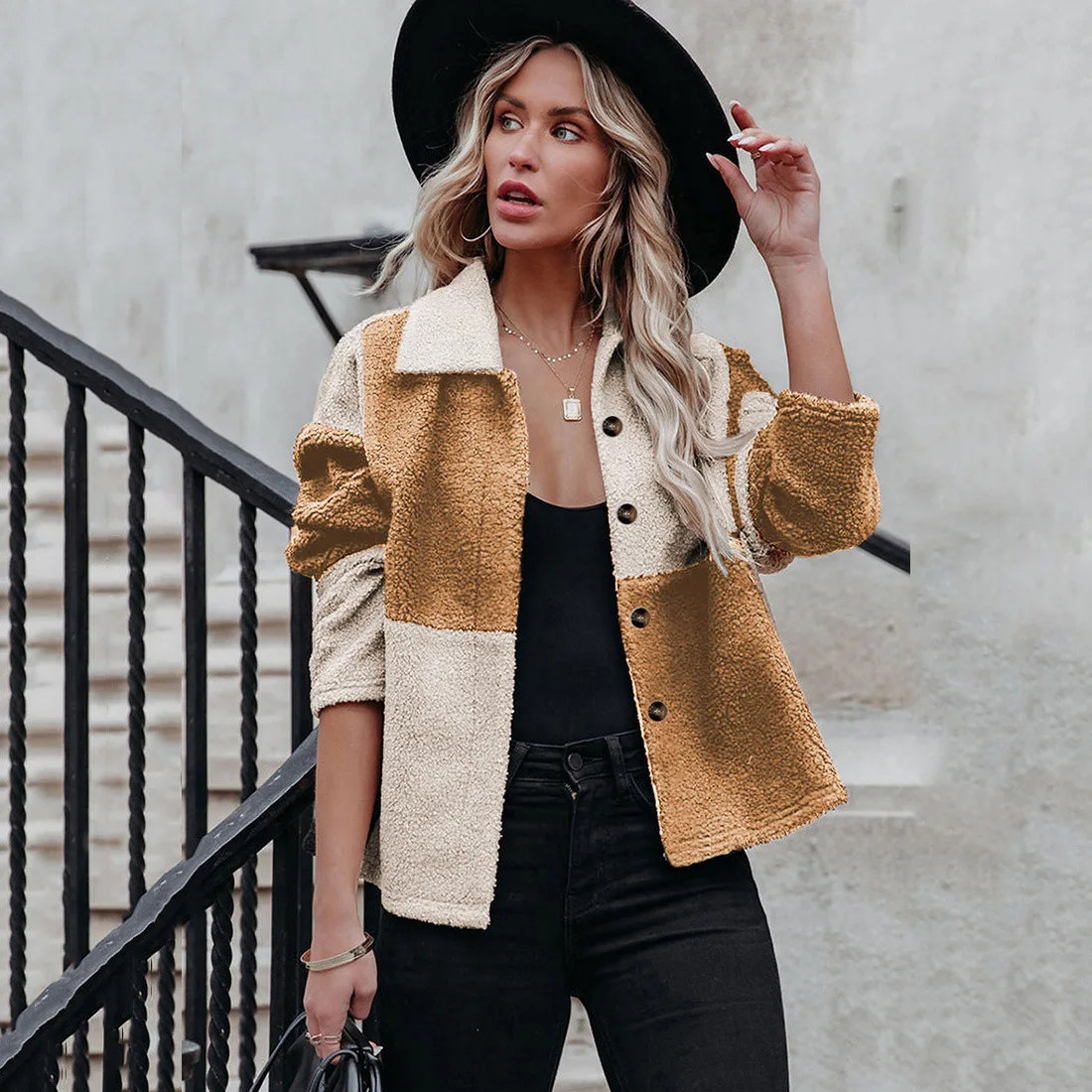 

Женское однобортное шерстяное пальто с длинными рукавами, отложным воротником и контрастной строчкой, осень 2022