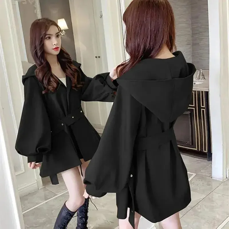 

Hooded Trench Coat Women's Spring And Autumn New Lantern Sleeves High-End Casual British Belt Windbereaker Ladies Outwear W3179