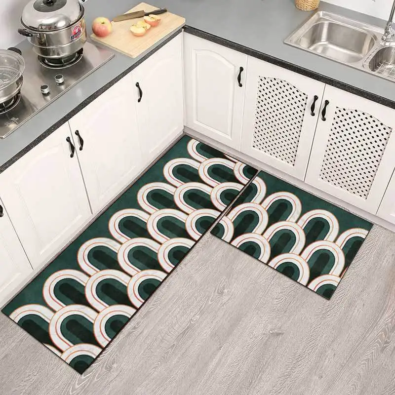 Простой Мраморный геометрический черный и белый зеленый кухонный коврик фотомат
