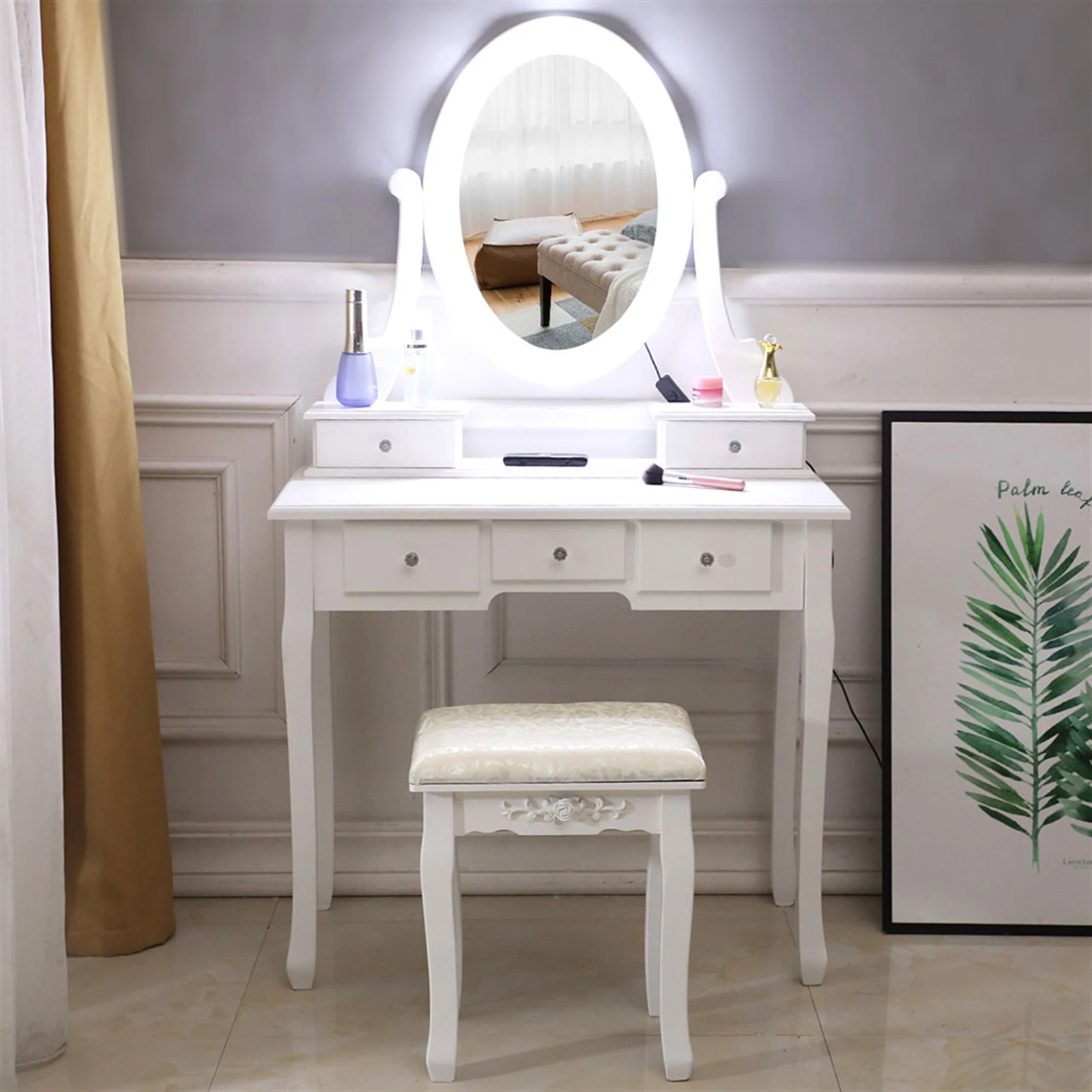 

Европейский набор для туалетного столика с зеркальными лампочками, полки для макияжа, 5 ящиков, женский туалетный столик, семейный белый стол