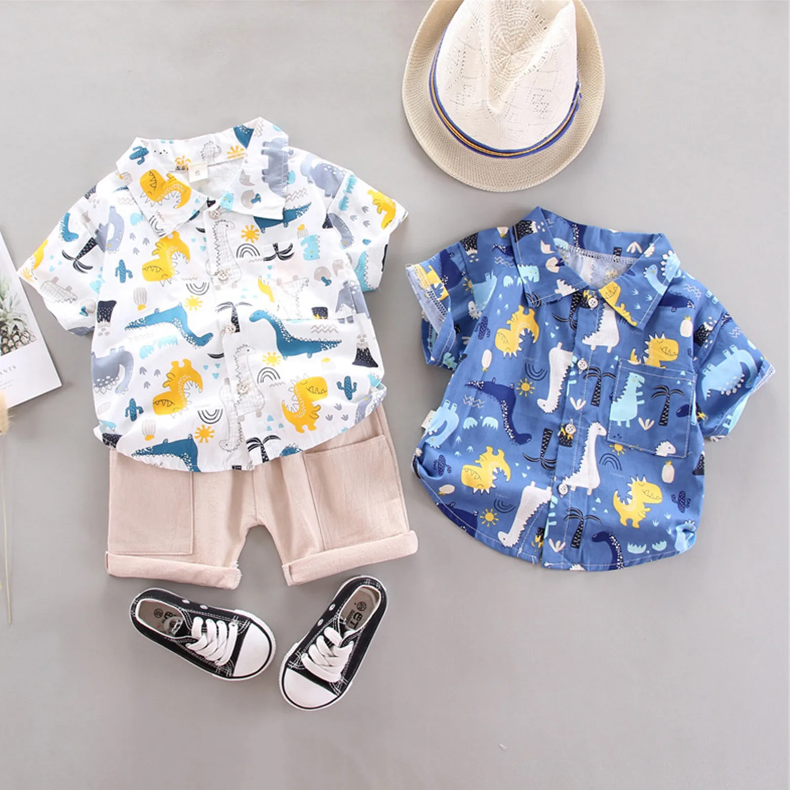 

Детские комплекты От 0 до 3 лет для маленьких мальчиков, летняя рубашка с коротким рукавом и принтом динозавра, блузка, аксессуары, 2 предмета,...