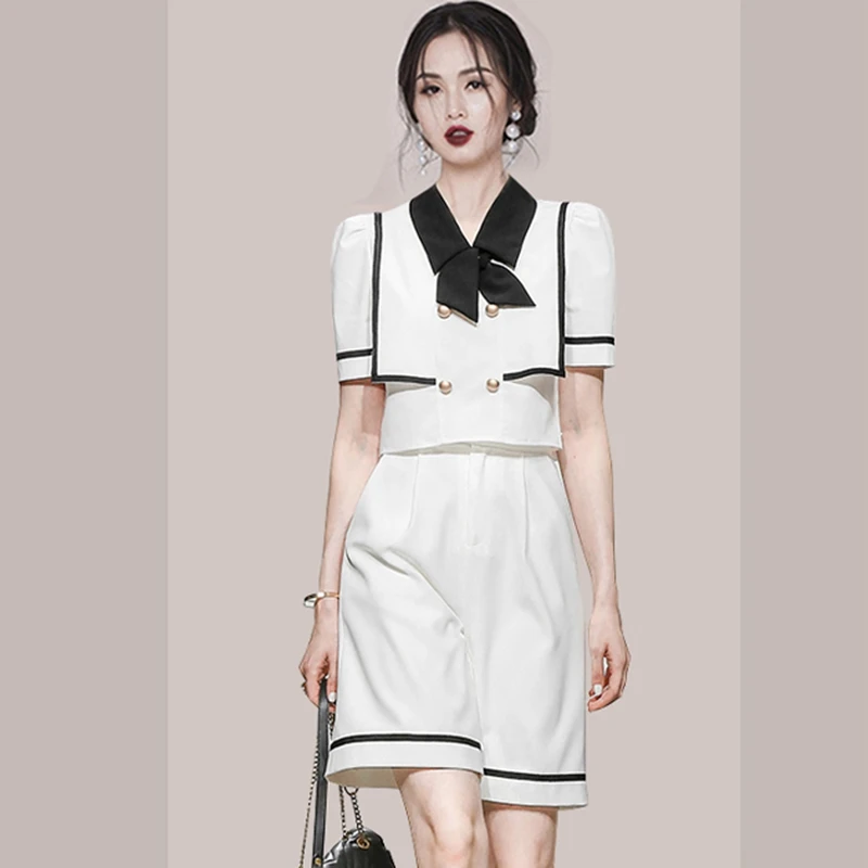 Summer New Women's 2 Piece Suit Fashion Double Breasted Suit Butterfly Collar Cropped Top+Pocket High Waist Wide Leg Shorts Suit