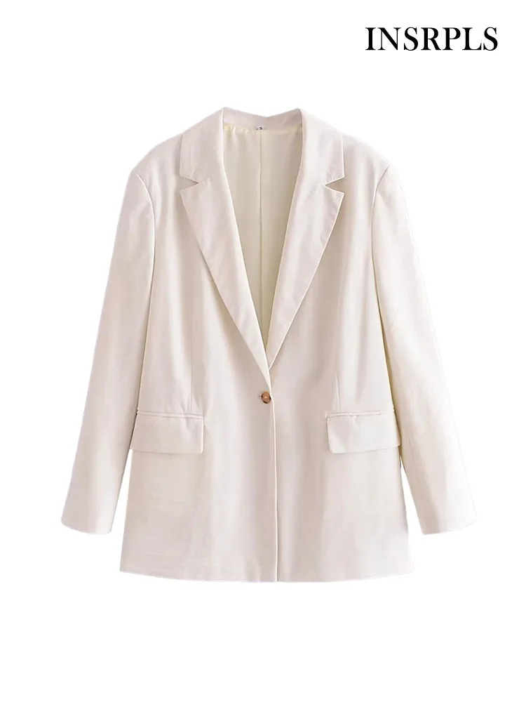

INSRPLS Women Fashion Single Button Straight Blazer Coat Vintage Long Sleeve Flap Pockets Female Outerwear Chic Veste Femme