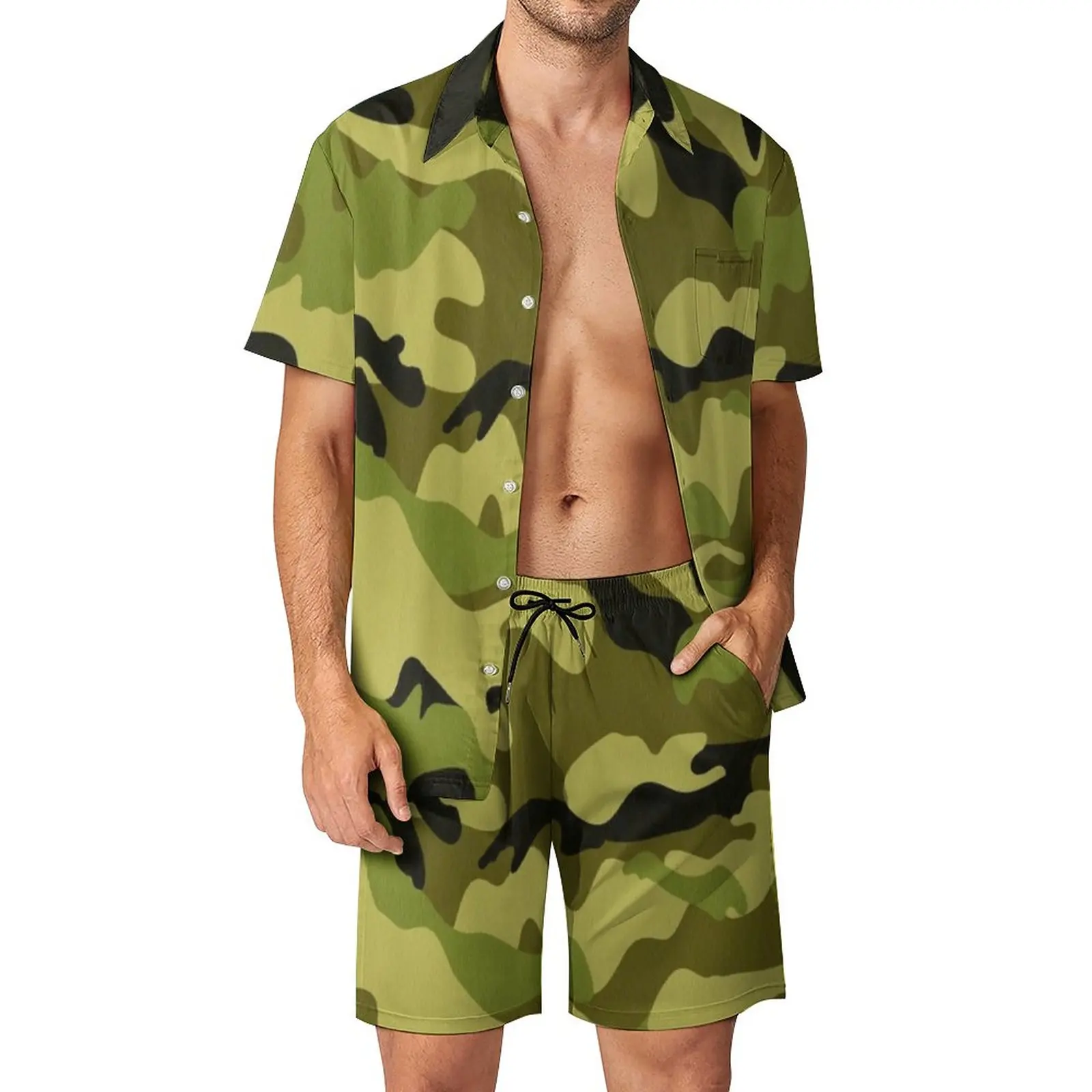 

Camouflage Men Sets Green and Black Print Casual Shorts Summer Trending Vacation Shirt Set Short-Sleeve Oversize Suit Gift Idea