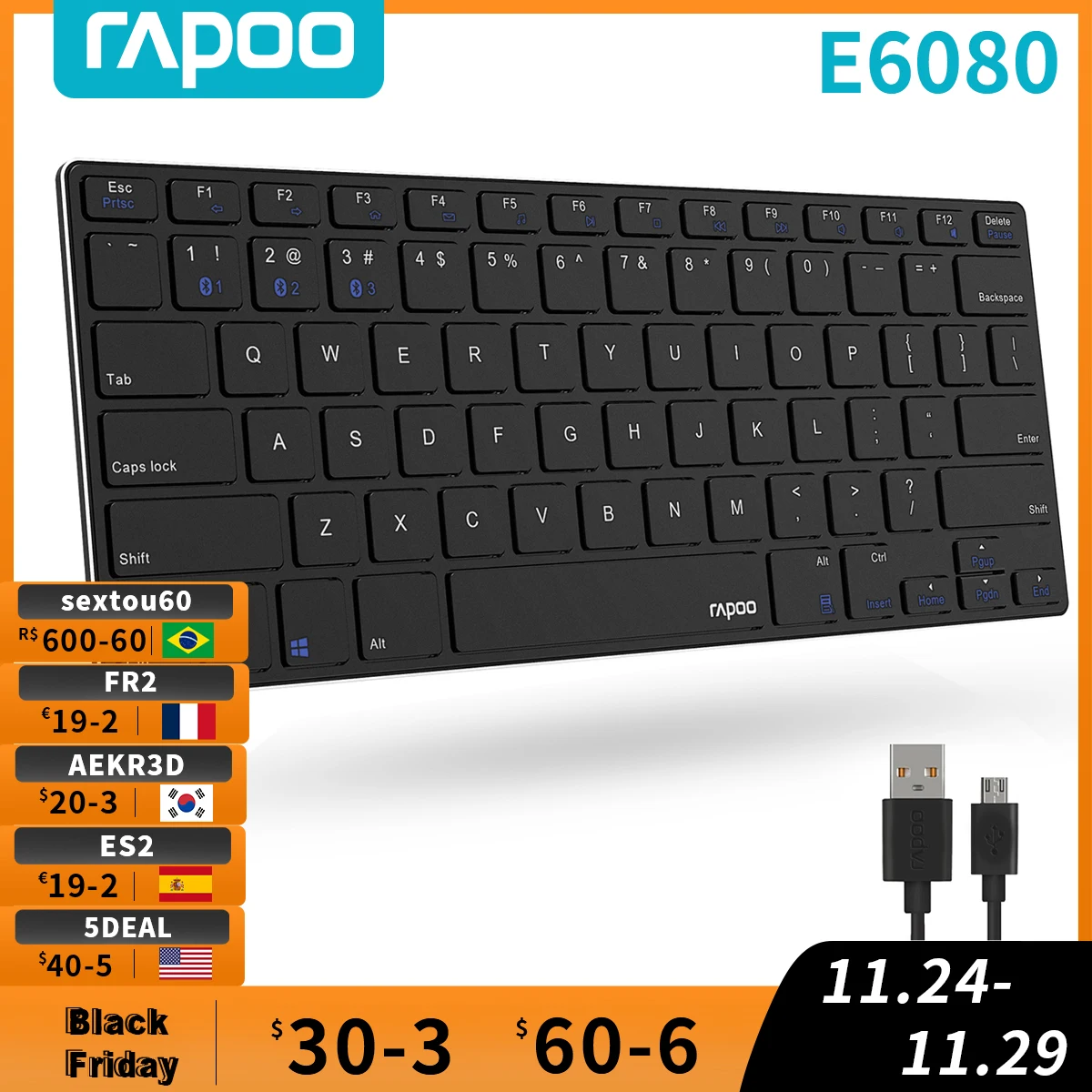 

Rapoo E6080 перезаряжаемая многофункциональная Bluetooth-клавиатура, ультратонкая 5,6 мм Windows, Chrome OS, Android, iPad, Совместимость с iPhone