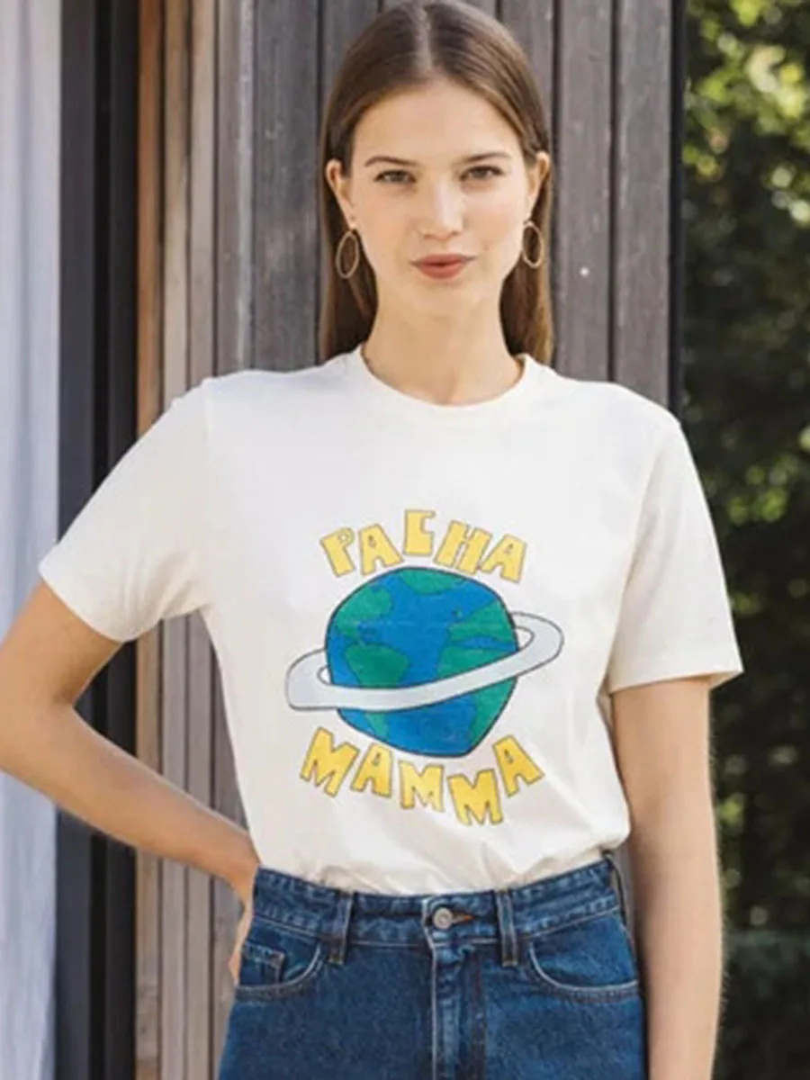 

Graphic Letter Print T-shirts Summer Round Neck Short Sleeve Organic Cotton Ladies Tee Shirts Vintage Casual T-shirt Women 2023