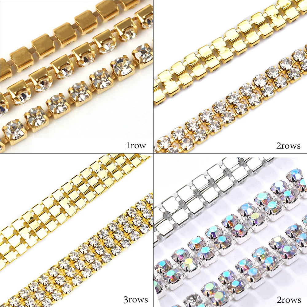 

3 Rows Dense Rhinestones Chain Flatback Glitter Crystals Stones Beads Sew On Rhinestone Garment Crafts Gems Sewing Accessories