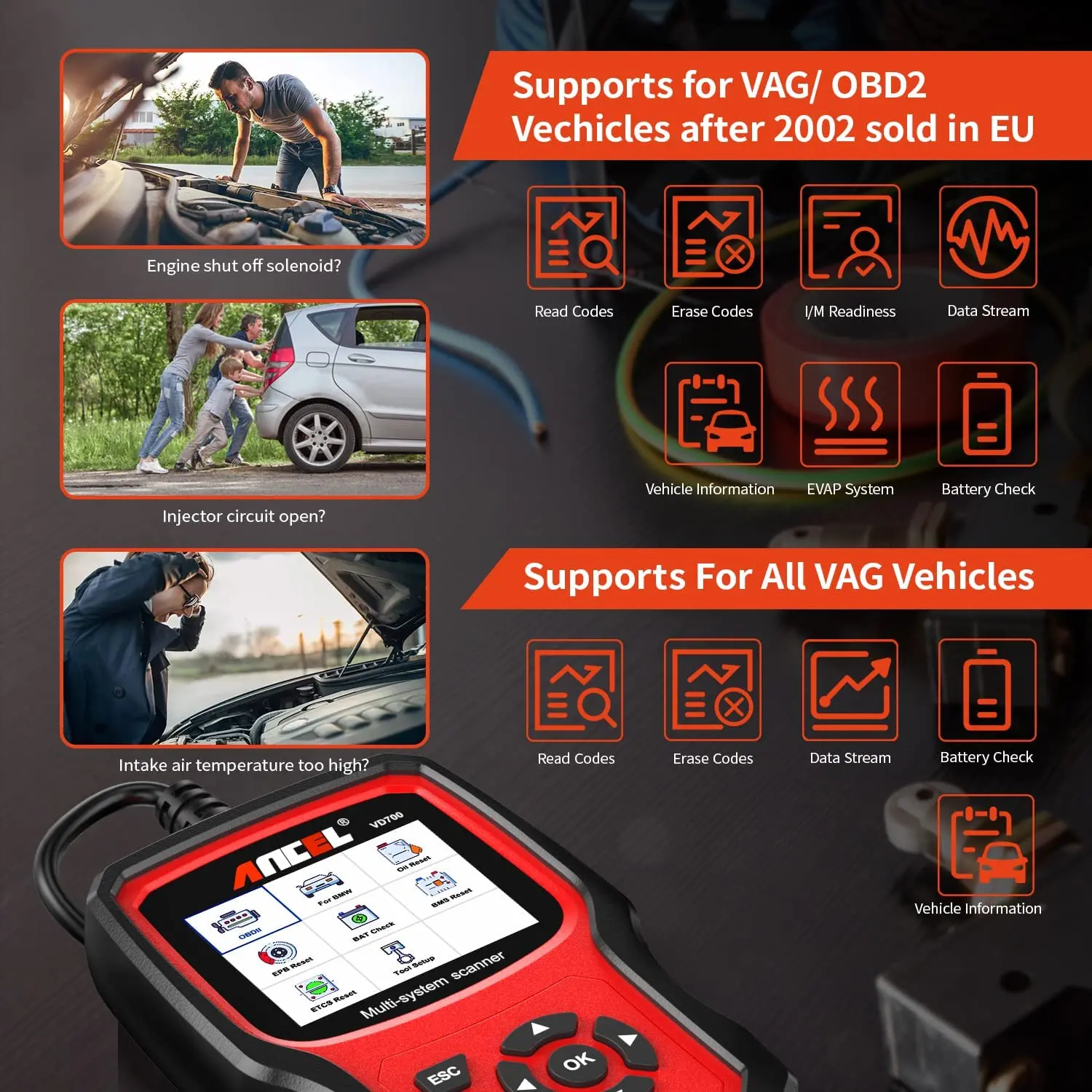 Автомобильный сканер ANCEL VD700 для всех систем OBD2 VAG VW Audi TPMS масла ABS EPB DPF TPS сброс