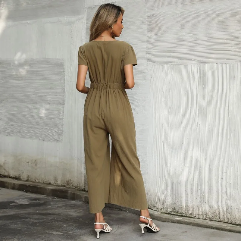 Sexy V-Neck Solid Color Women Jumpsuits Short Sleeve Bandage Casual Commute Playsuits Summer New Fashion Bodysuit Wide Leg Pants