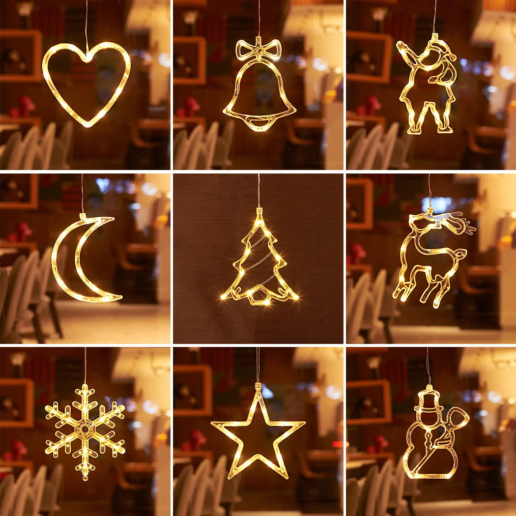 

Christmas LED Lights Windowsill Decorations 2023 Xmas Tree Hanging With Suction Cup Santa Claus Elk Pendant Family Party Decor