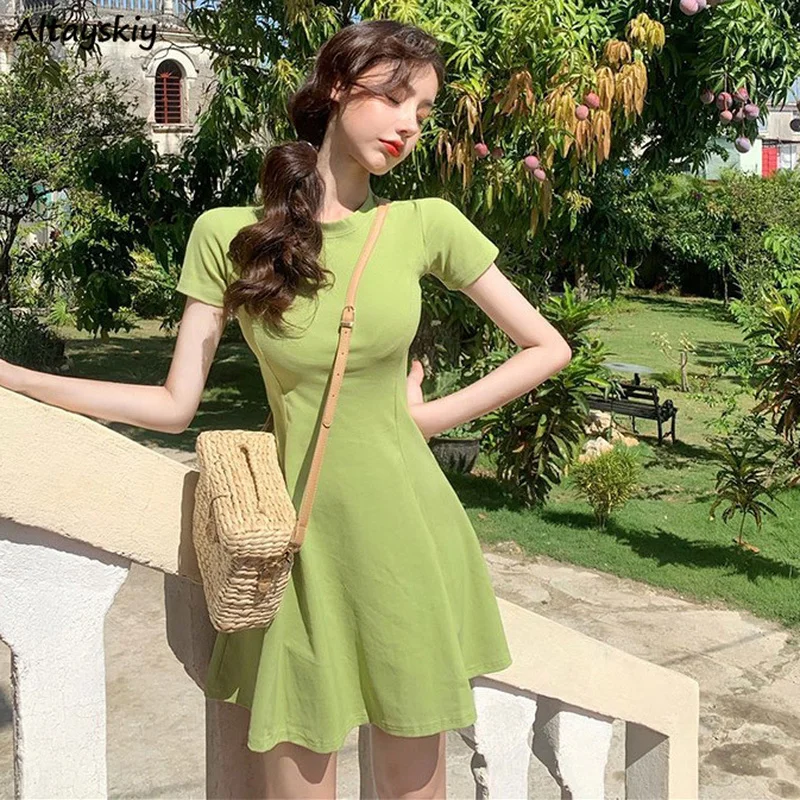 

Dress Women Solid Simple Basic New Design Summer Платье Женское A-line Mini Ins Cozy Stretchy All-match Casual High Waist Trendy